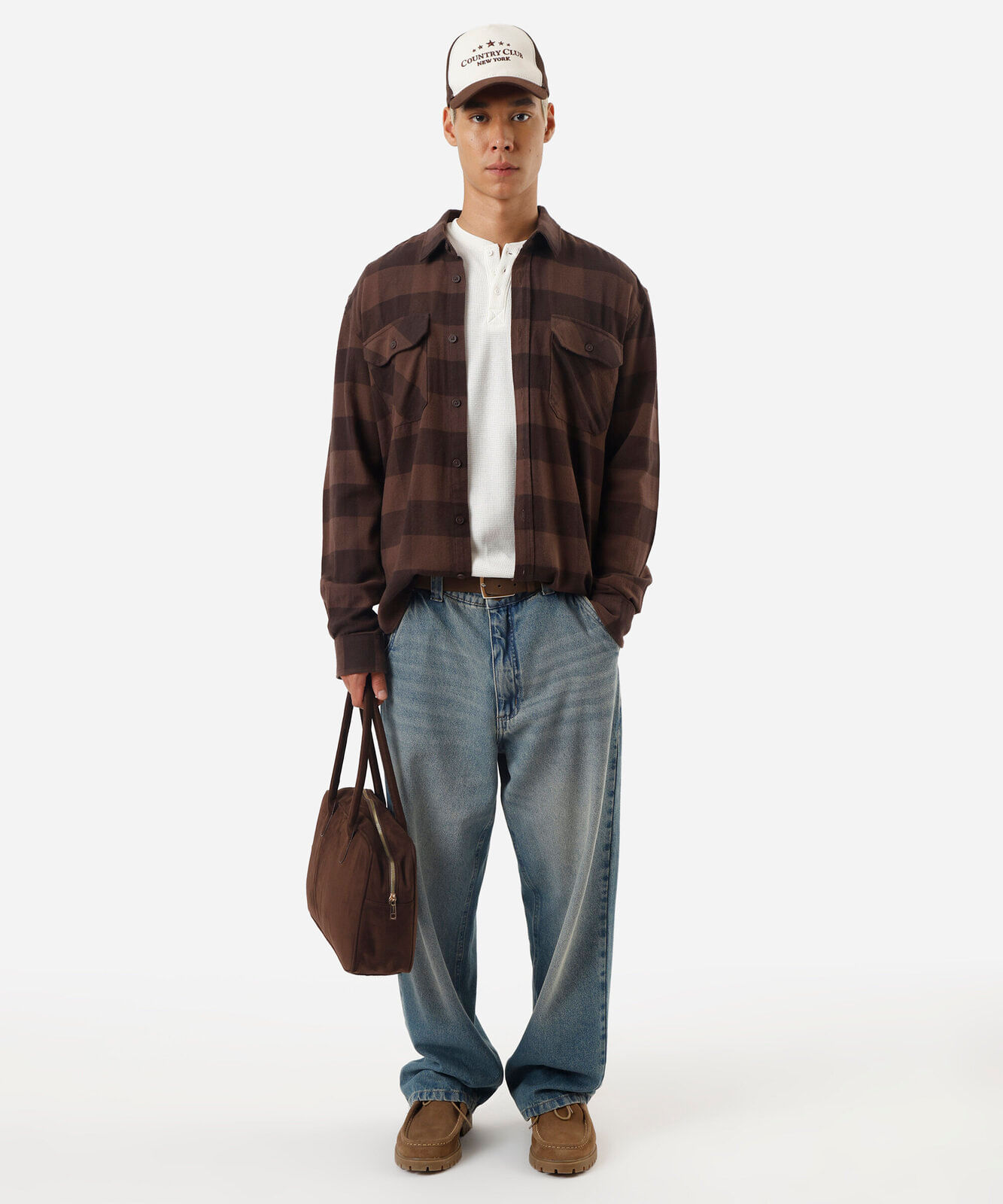 camisa masculina de algodão manga longa xadrez marrom