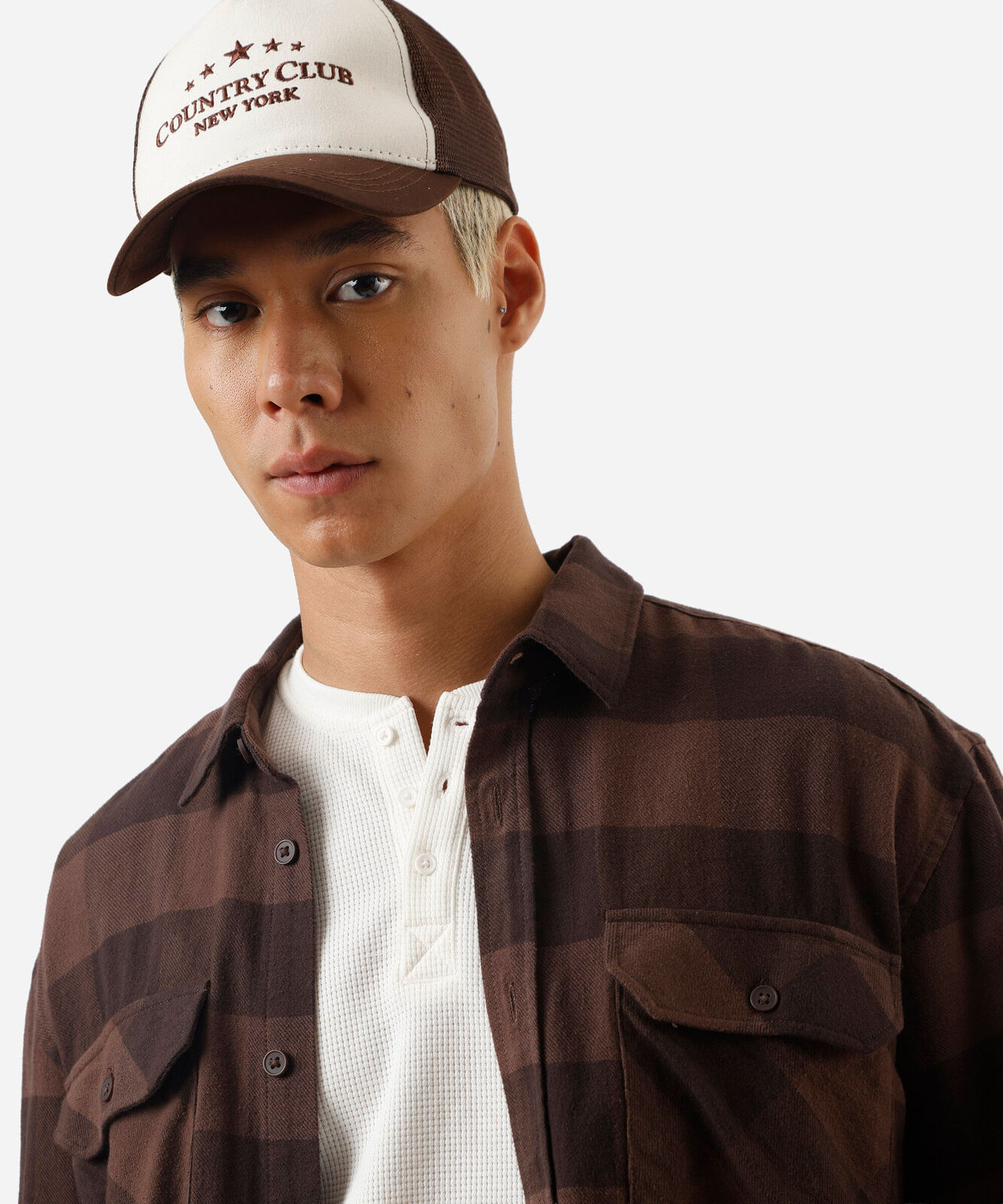 camisa masculina de algodão manga longa xadrez marrom