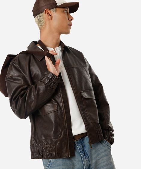 jaqueta masculina de poliuretano texturizada oversized marrom