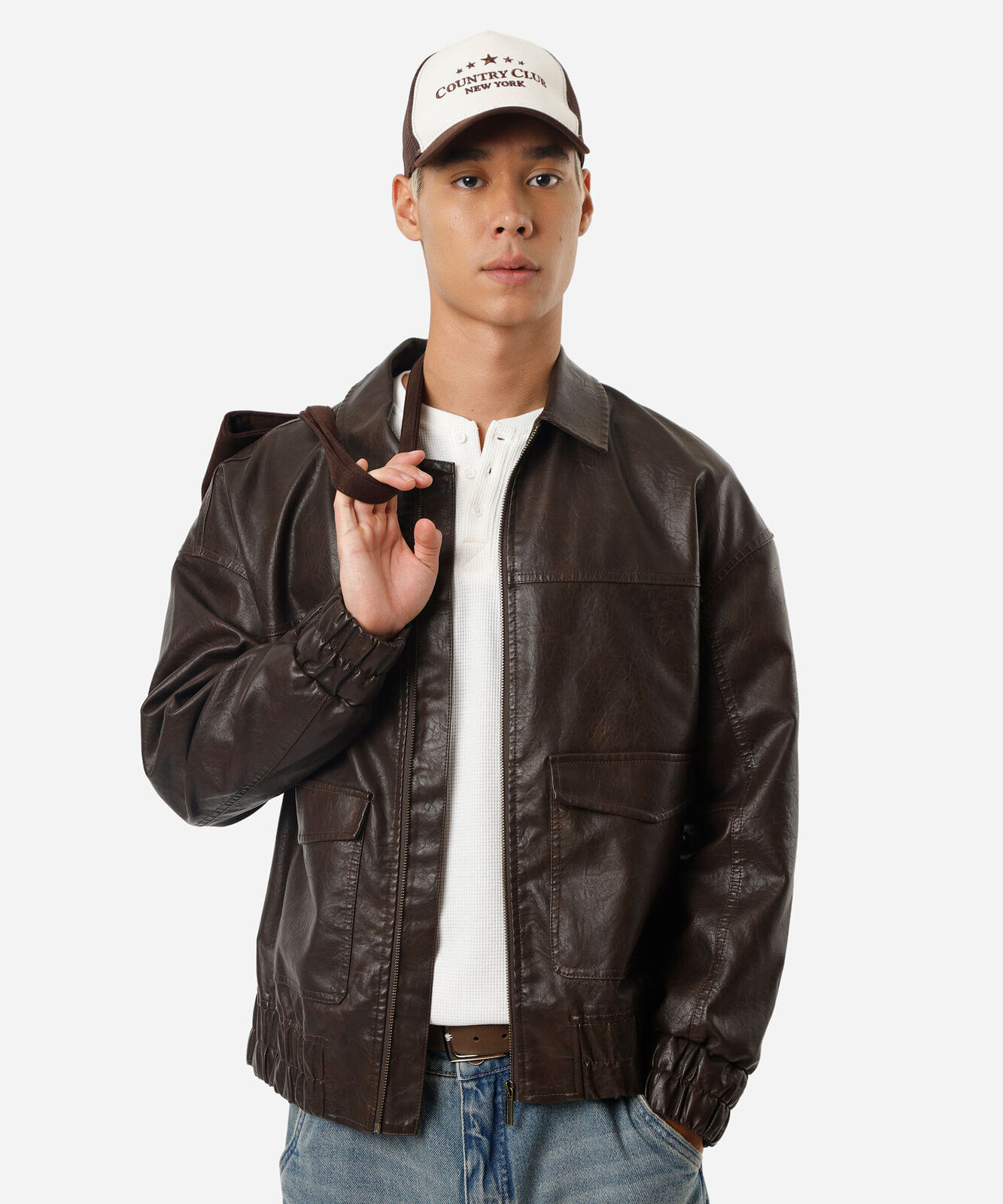 jaqueta masculina de poliuretano texturizada oversized marrom