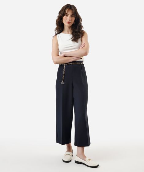 calça wide leg cropped feminina cintura alta com cinto azul marinho