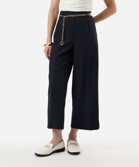 calça wide leg cropped feminina cintura alta com cinto azul marinho