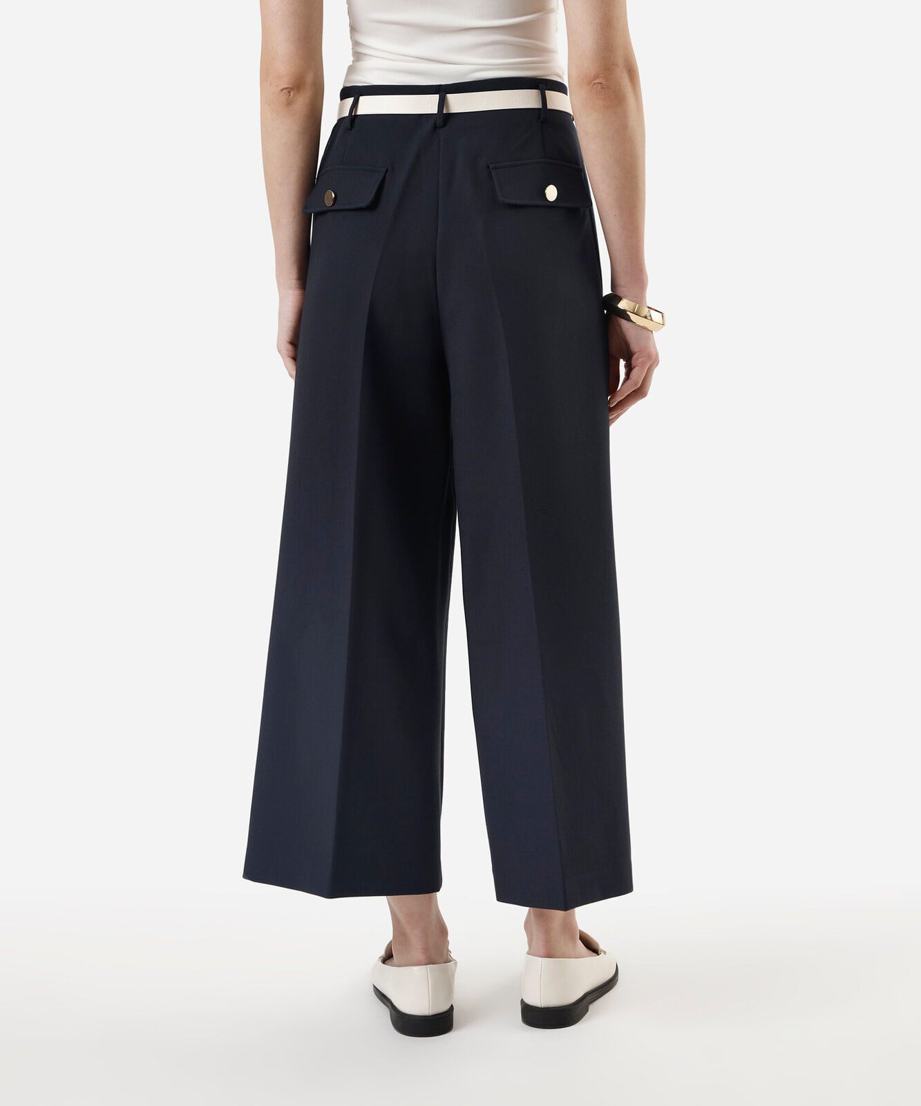 calça wide leg cropped feminina cintura alta com cinto azul marinho