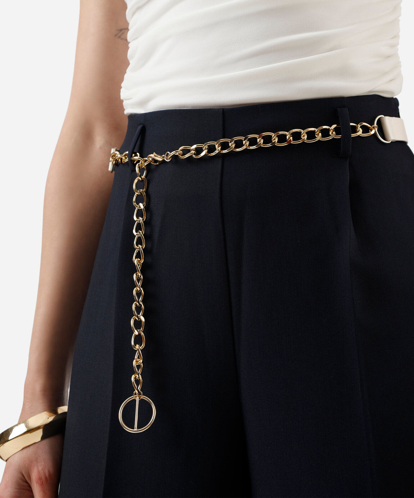 calça wide leg cropped feminina cintura alta com cinto azul marinho