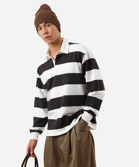 polo masculina de moletom manga longa listrada off white