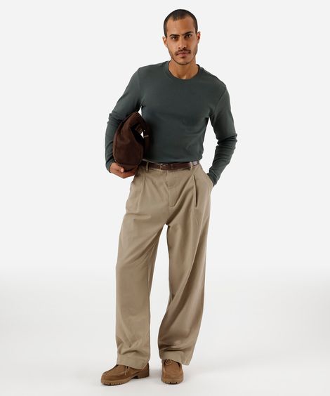 camiseta slim fit masculina de algodão manga longa canelada verde