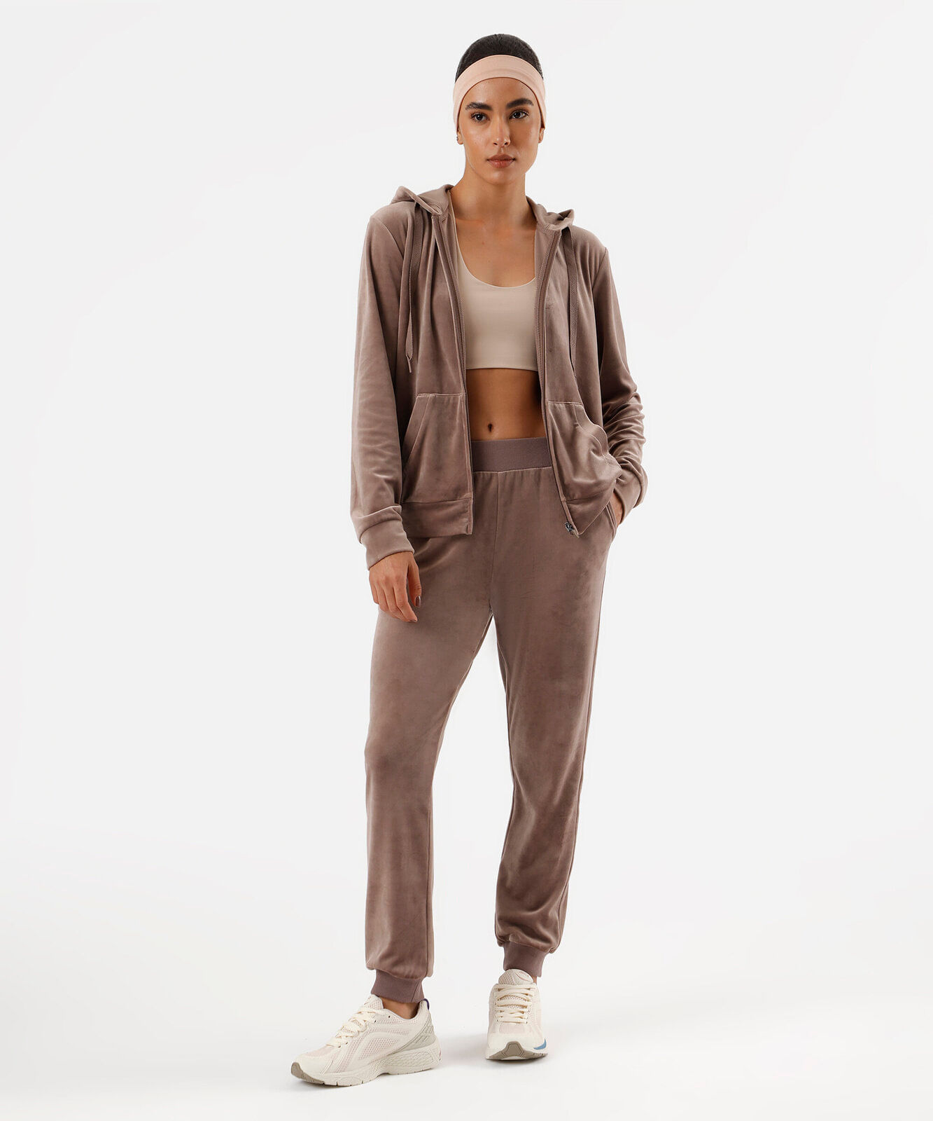 calça reta de plush cintura alta esportiva marrom