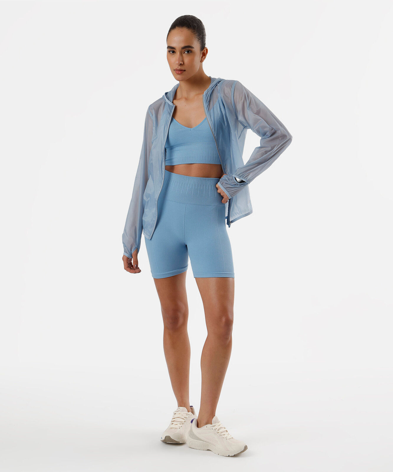 bermuda feminina esportiva de poliamida sem costura azul