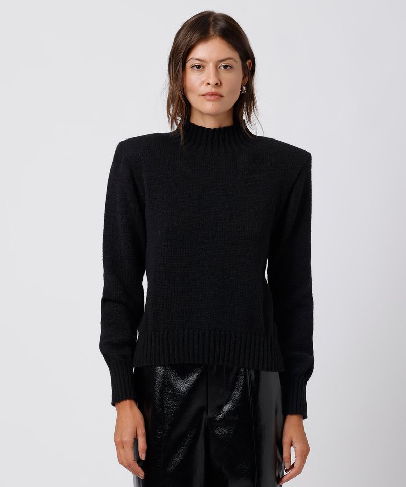 suéter feminino de tricot gola alta com ombreiras mindset preto