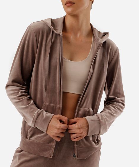 jaqueta de plush com capuz esportiva ace marrom