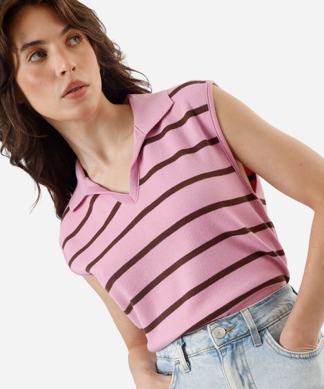 colete feminino de tricot com gola listrado rosa