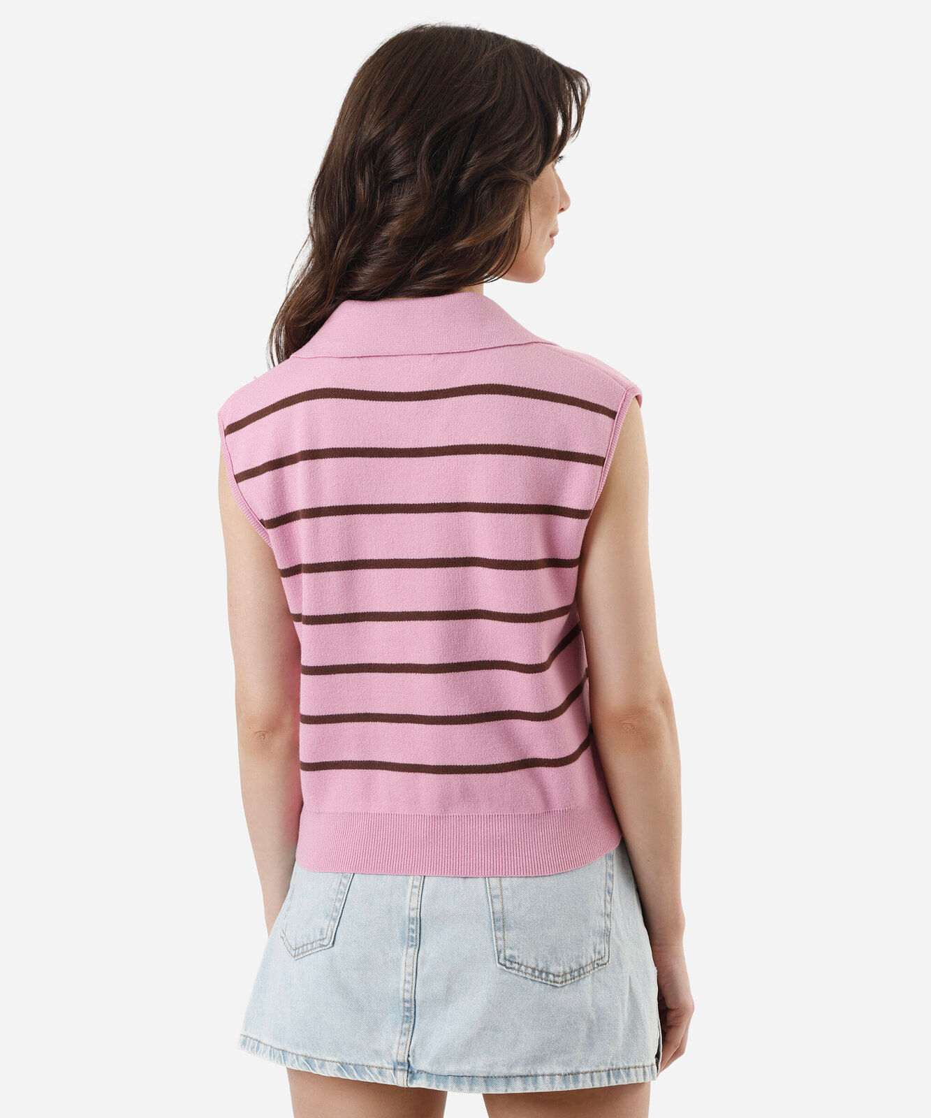 colete feminino de tricot com gola listrado rosa