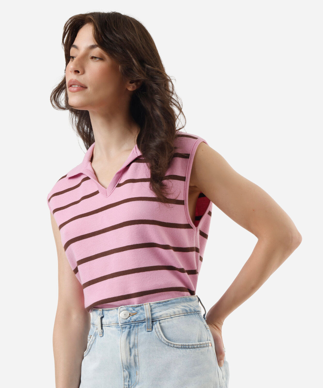 colete feminino de tricot com gola listrado rosa