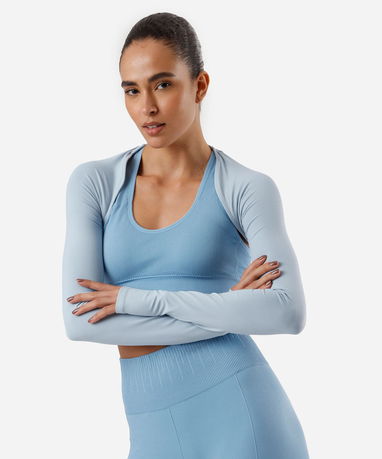 bolero feminino de poliamida esportivo manga longa azul
