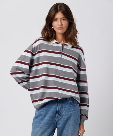 polo feminina de tricot manga longa listrada mindset colorida