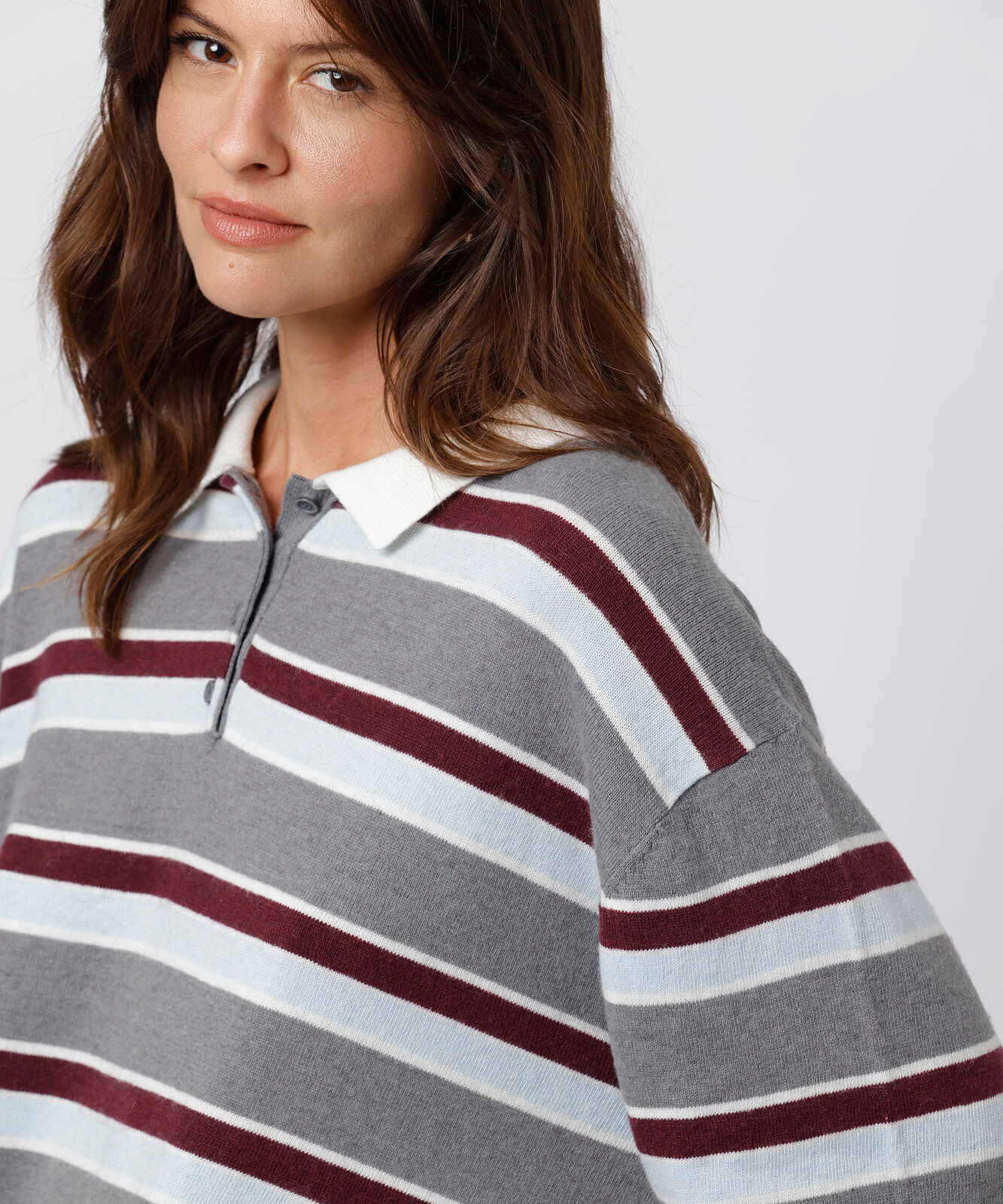polo feminina de tricot manga longa listrada mindset colorida
