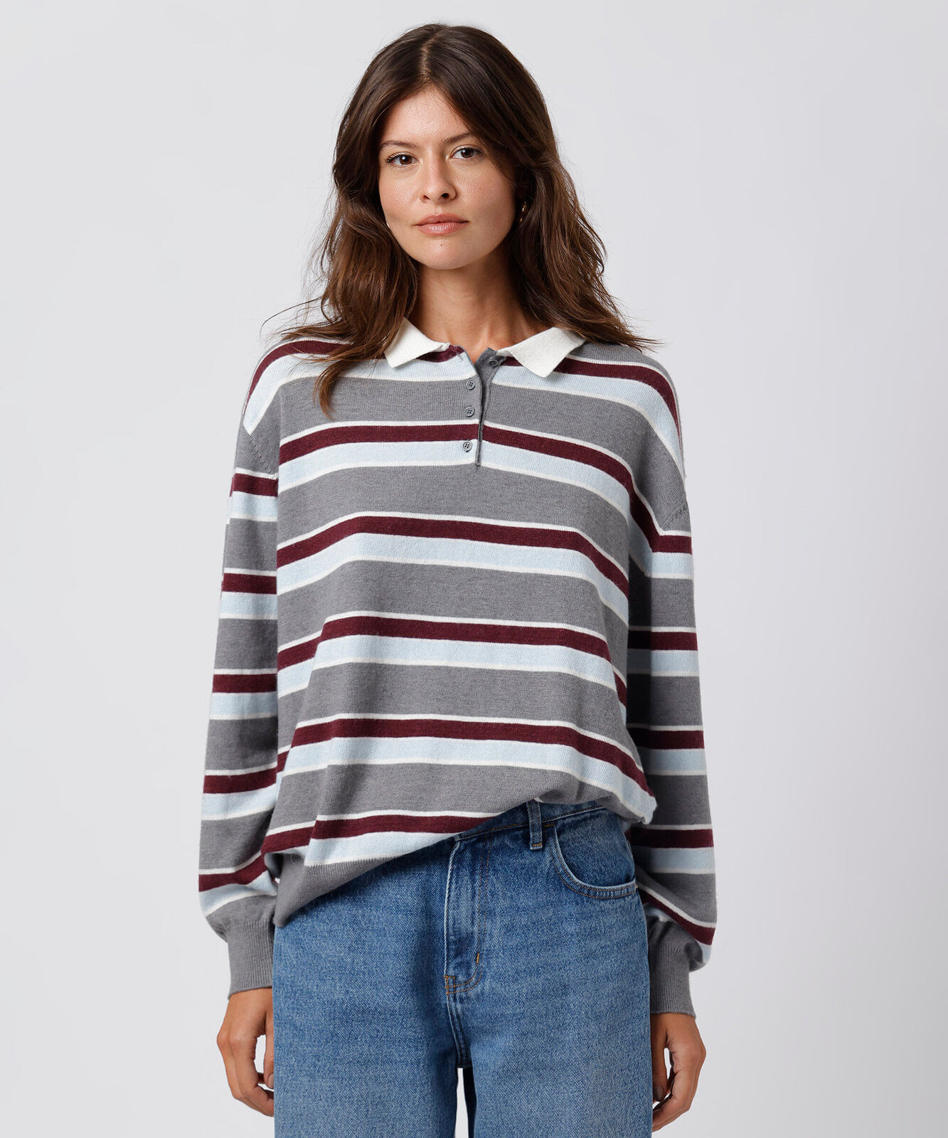 polo feminina de tricot manga longa listrada mindset colorida