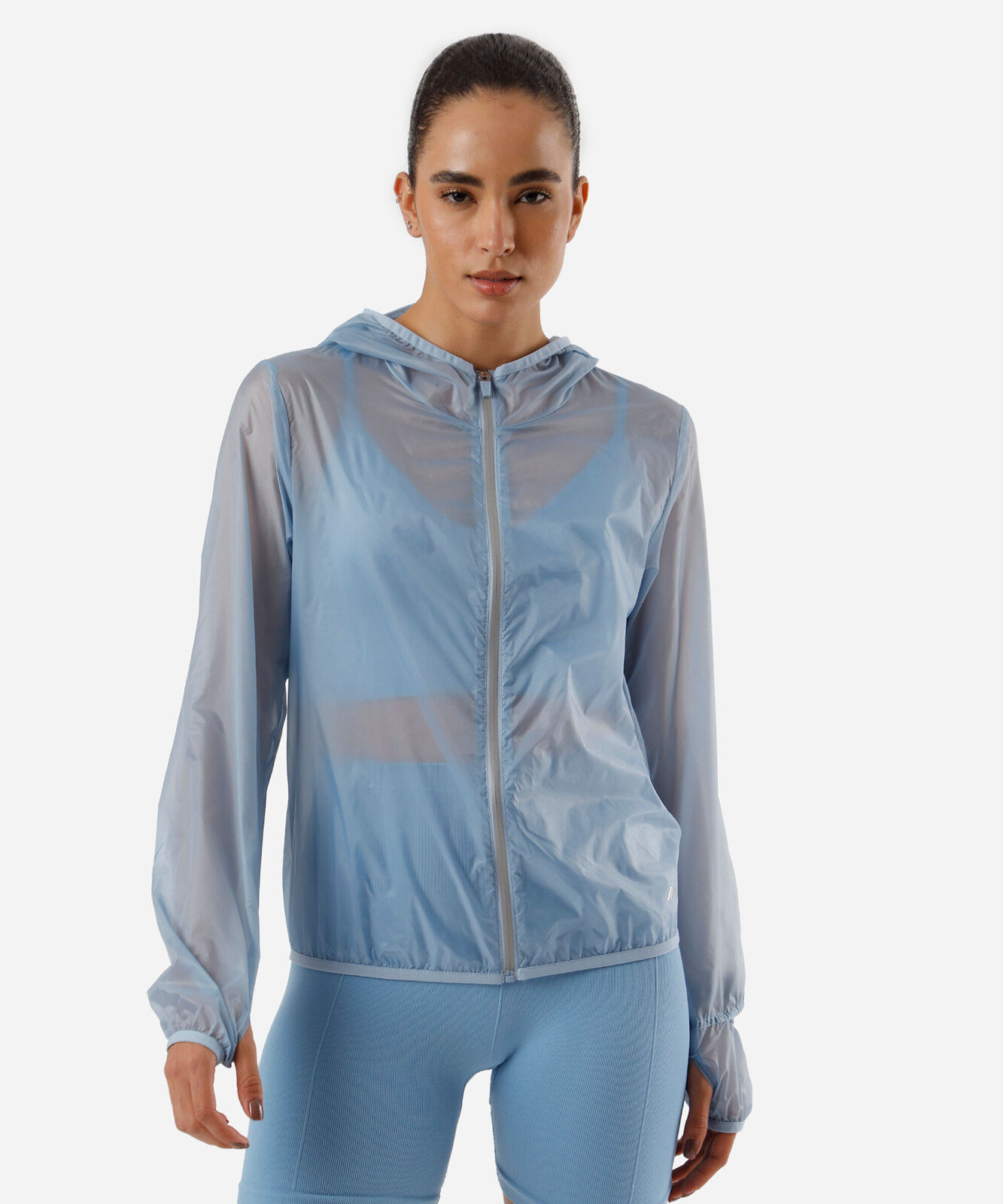 jaqueta corta vento feminino esportiva com capuz azul