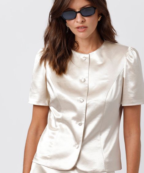 blusa de alfaiataria feminina manga curta acetinada mindset off white