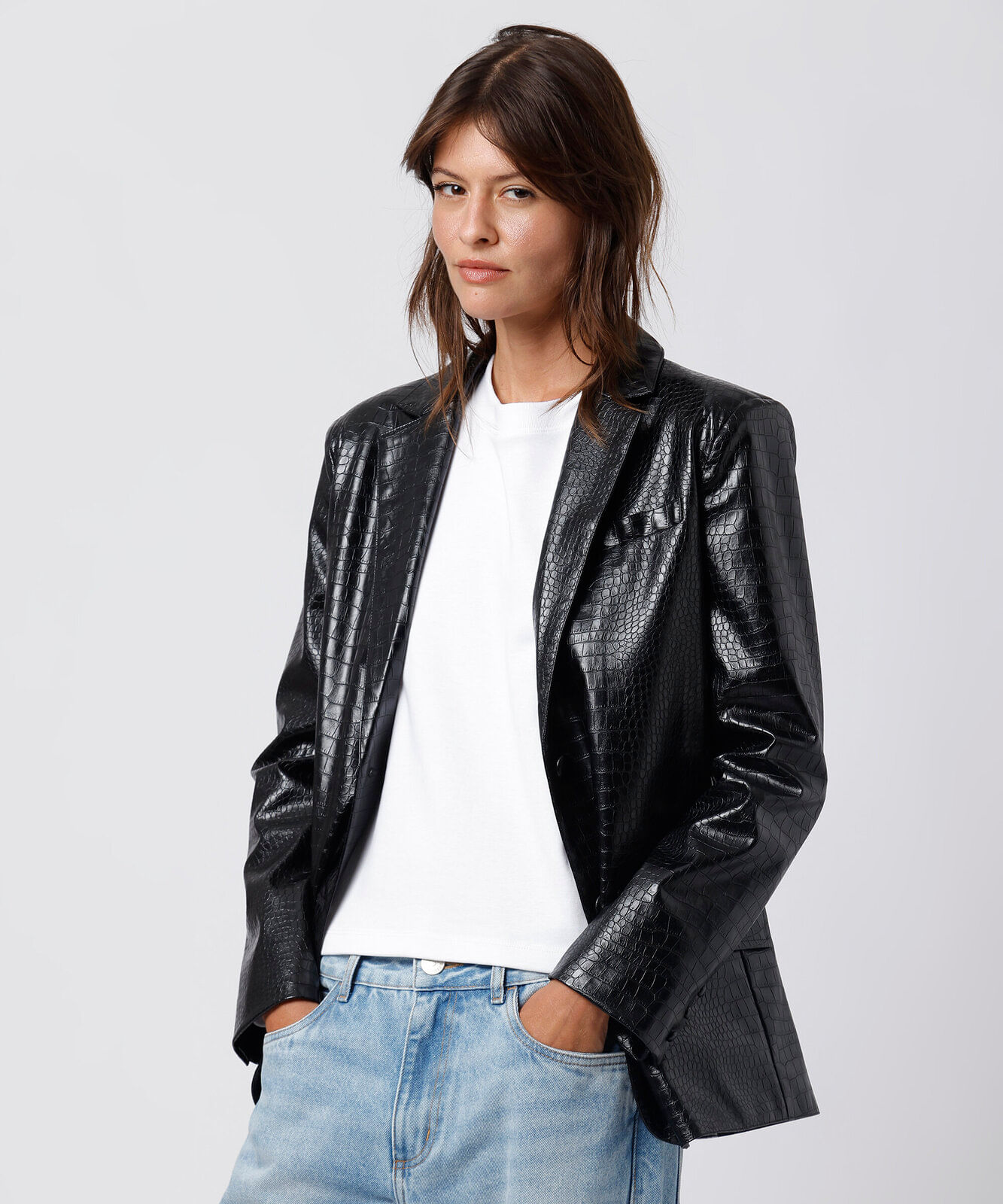 blazer feminino de poliuretano croco mindset  preto