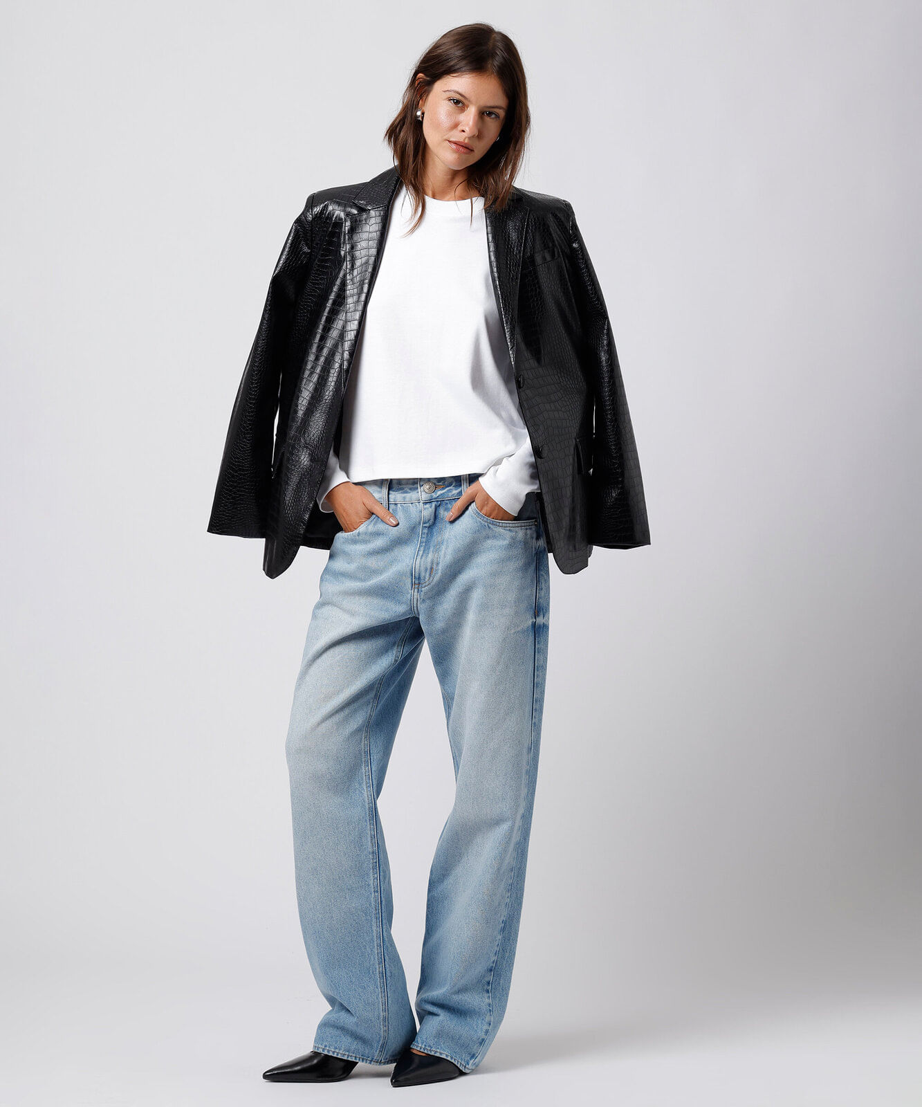 blazer feminino de poliuretano croco mindset  preto