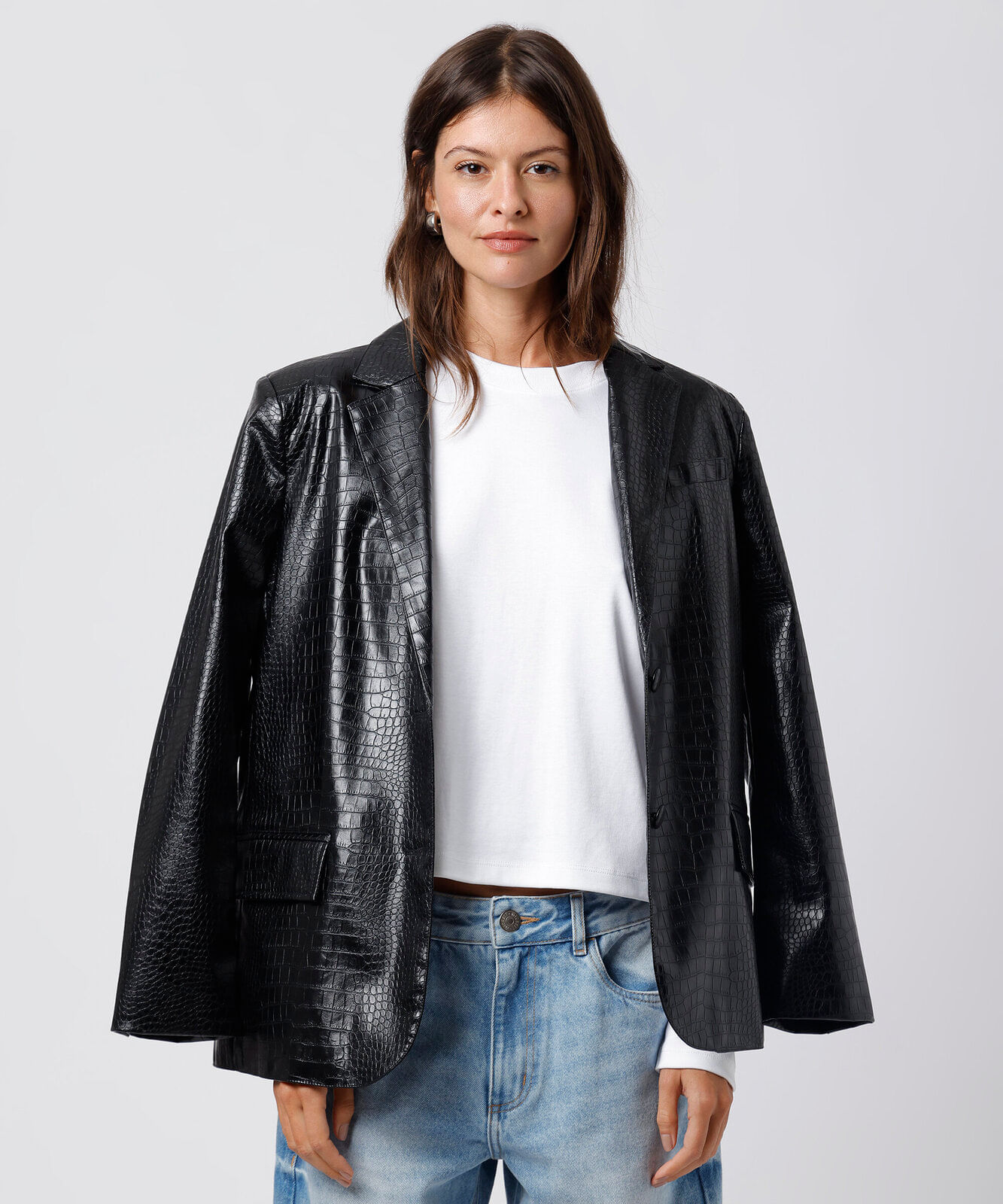 blazer feminino de poliuretano croco mindset  preto