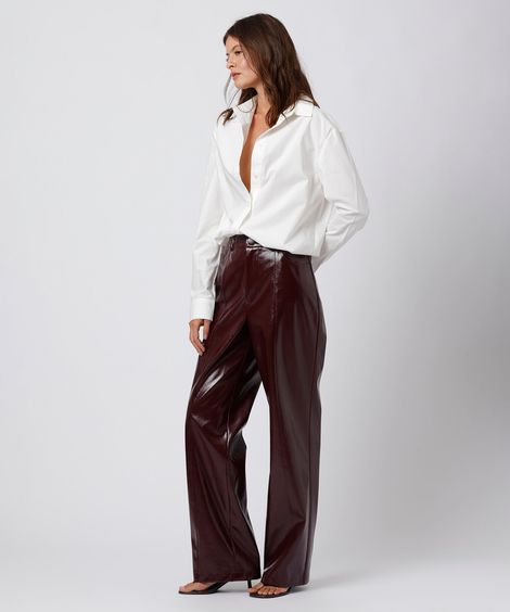 calça reta de feminina poliuretano texturizada mindset vinho