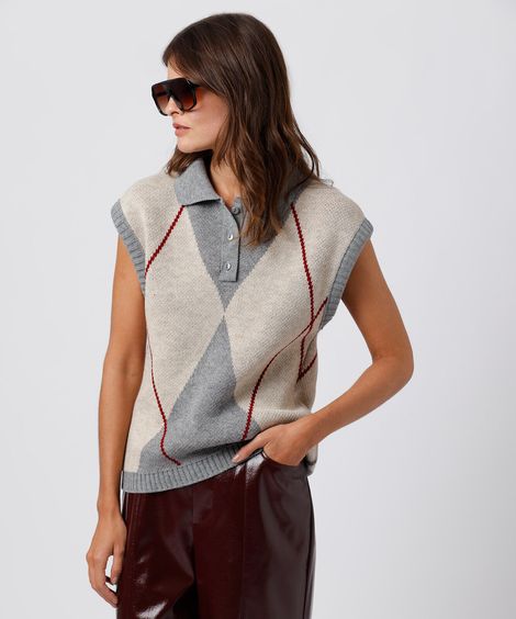 colete feminino de tricot com gola xadrez argyle mindset cinza