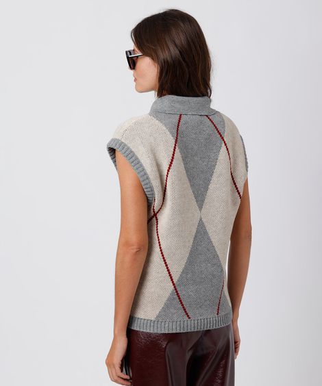 colete feminino de tricot com gola xadrez argyle mindset cinza