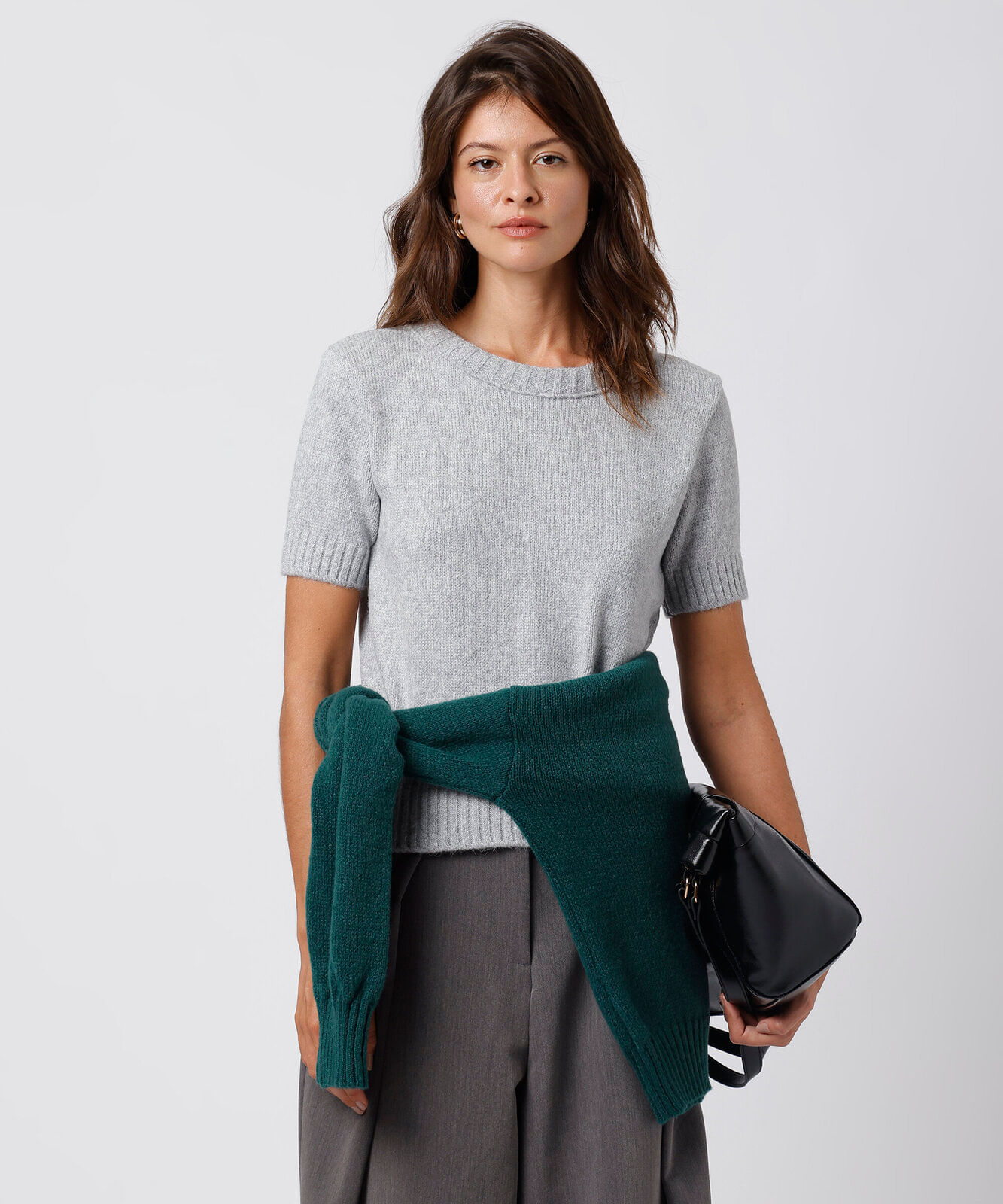 blusa feminina de tricot manga curta mindset cinza