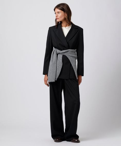 calça reta de alfaiataria feminina risca de giz mindset preta