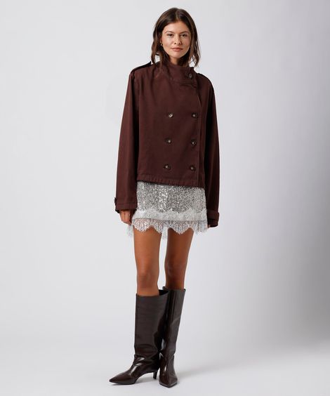 casaco trench coat cropped feminino mindset marrom