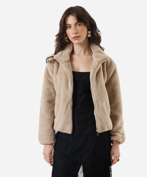 jaqueta feminina de pelúcia gola alta bege
