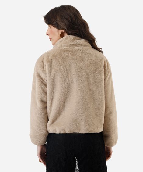 jaqueta feminina de pelúcia gola alta bege