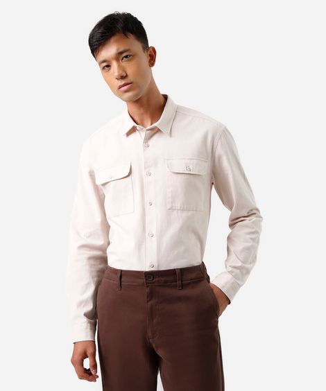 camisa masculina de sarja manga longa bege