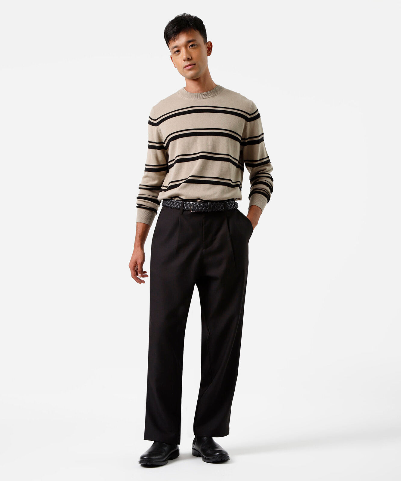 suéter masculino de tricot listrado bege