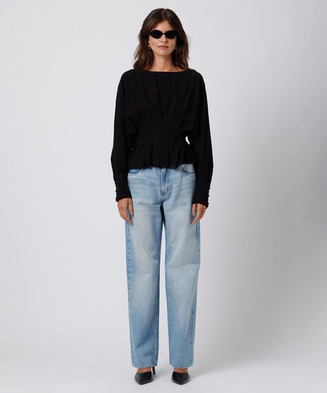 blusa feminina com pregas manga longa mindset preta