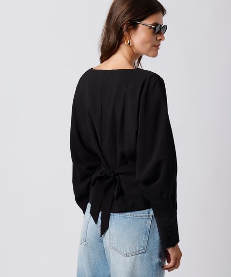 blusa feminina com pregas manga longa mindset preta