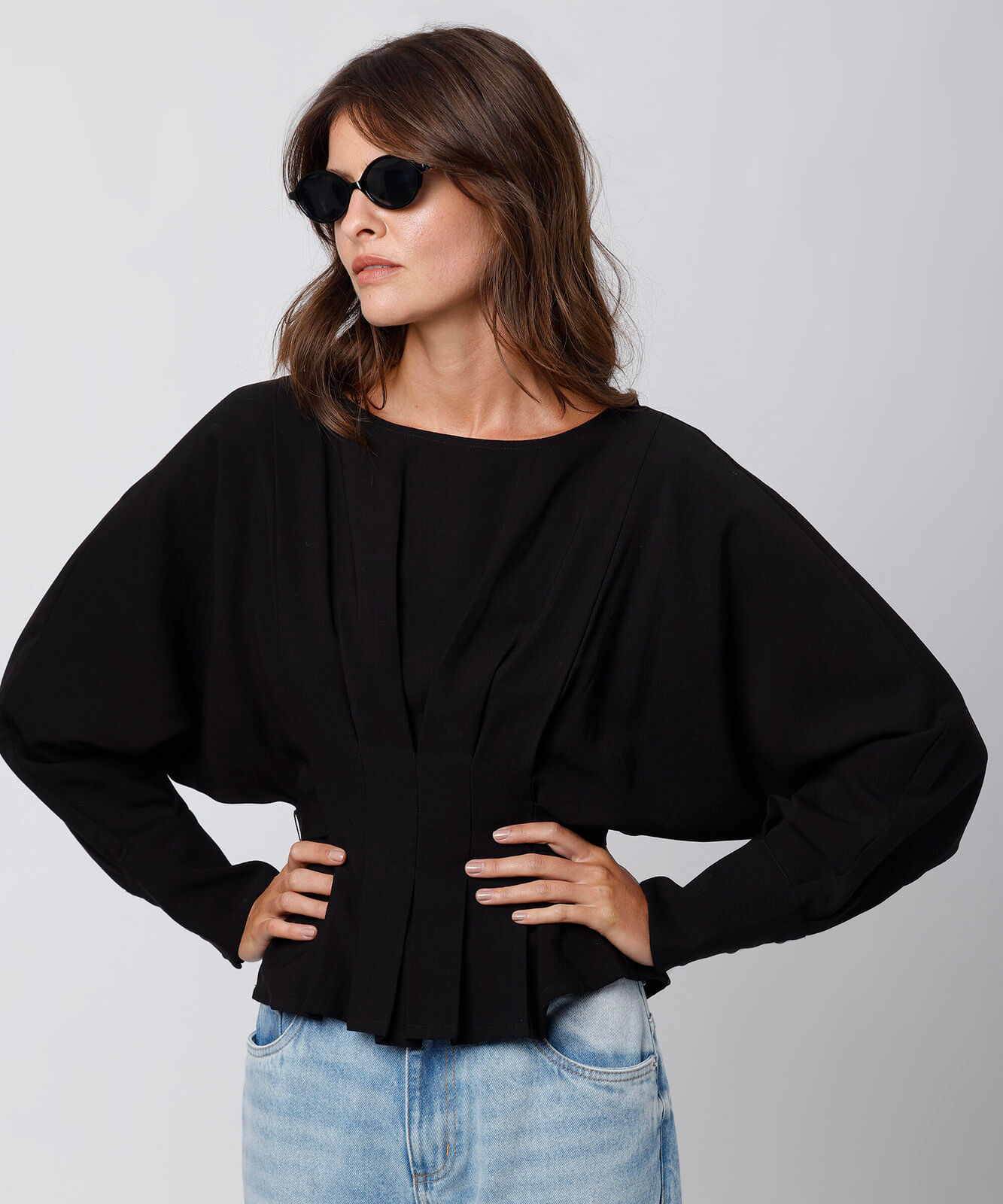 blusa feminina com pregas manga longa mindset preta