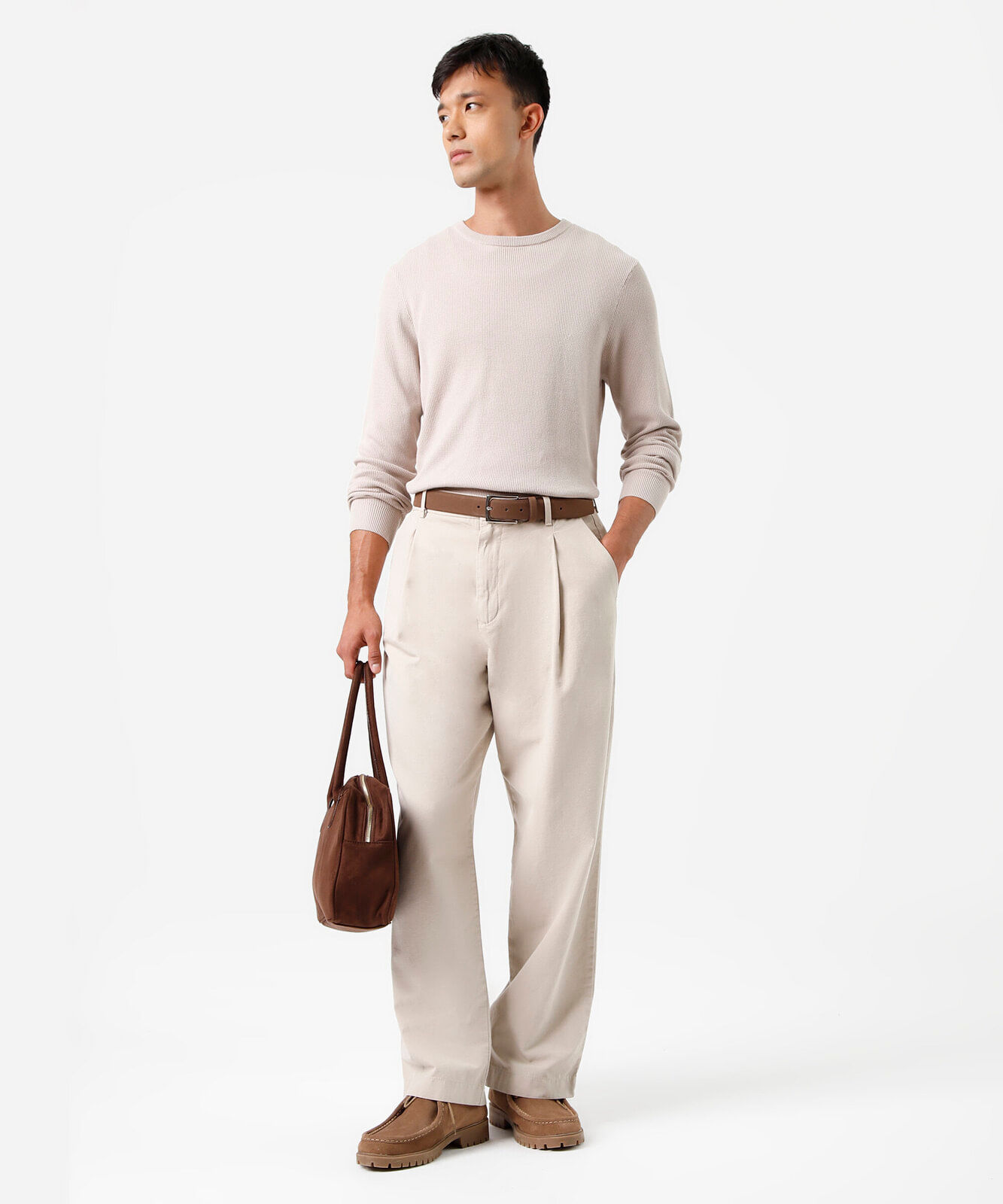 suéter masculino de tricot texturizado bege