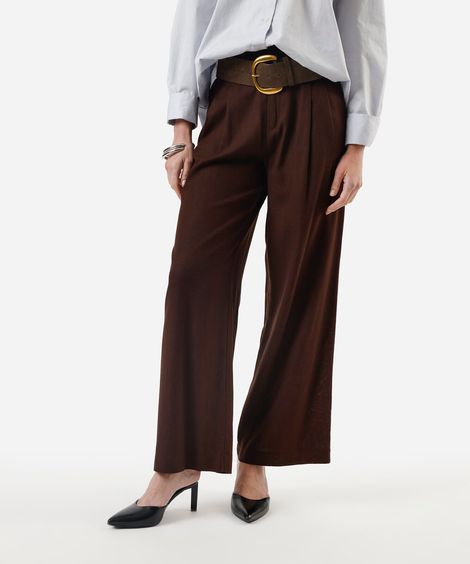 calça wide leg de alfaiataria feminina com linho e pregas marrom