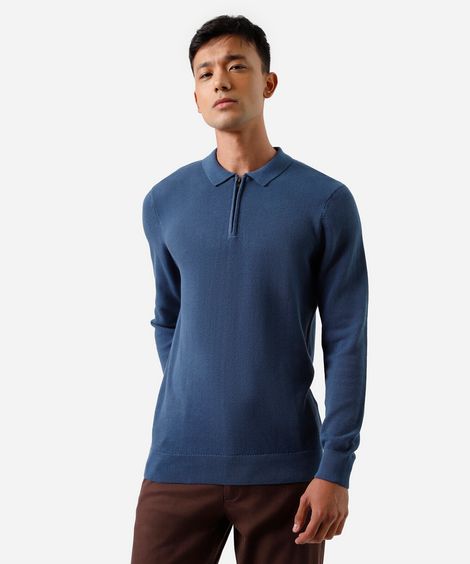polo masculina de algodão manga longa texturizada azul