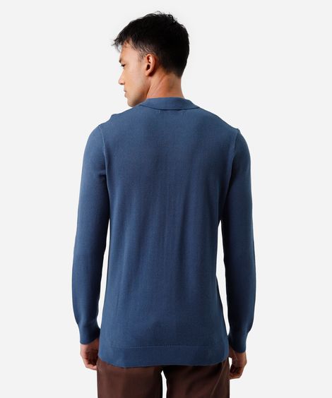 polo masculina de algodão manga longa texturizada azul