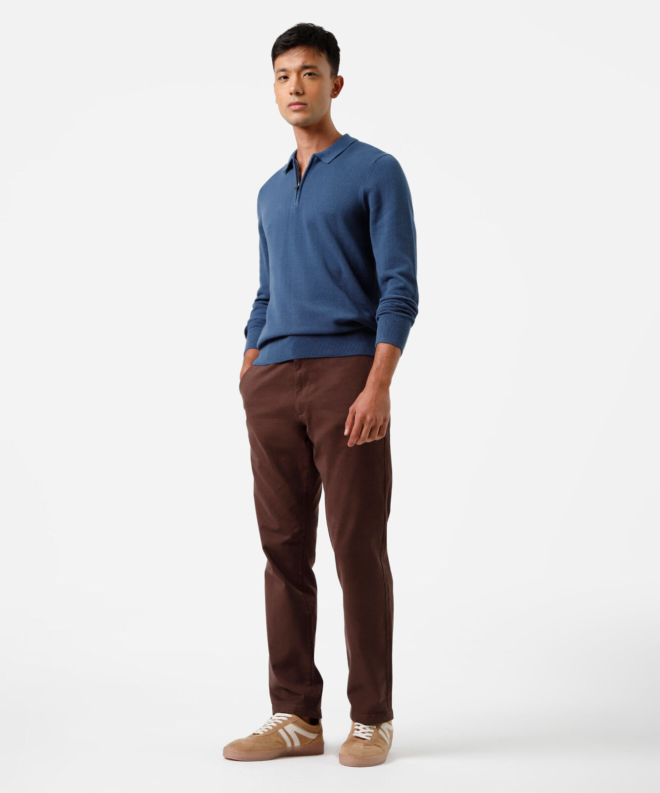 polo masculina de algodão manga longa texturizada azul