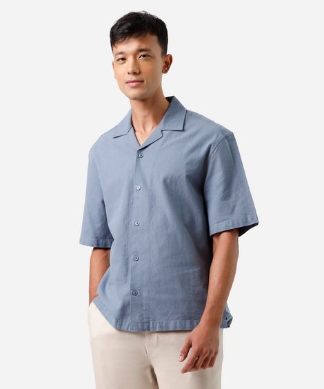 camisa masculina de algodão com mangas curtas azul
