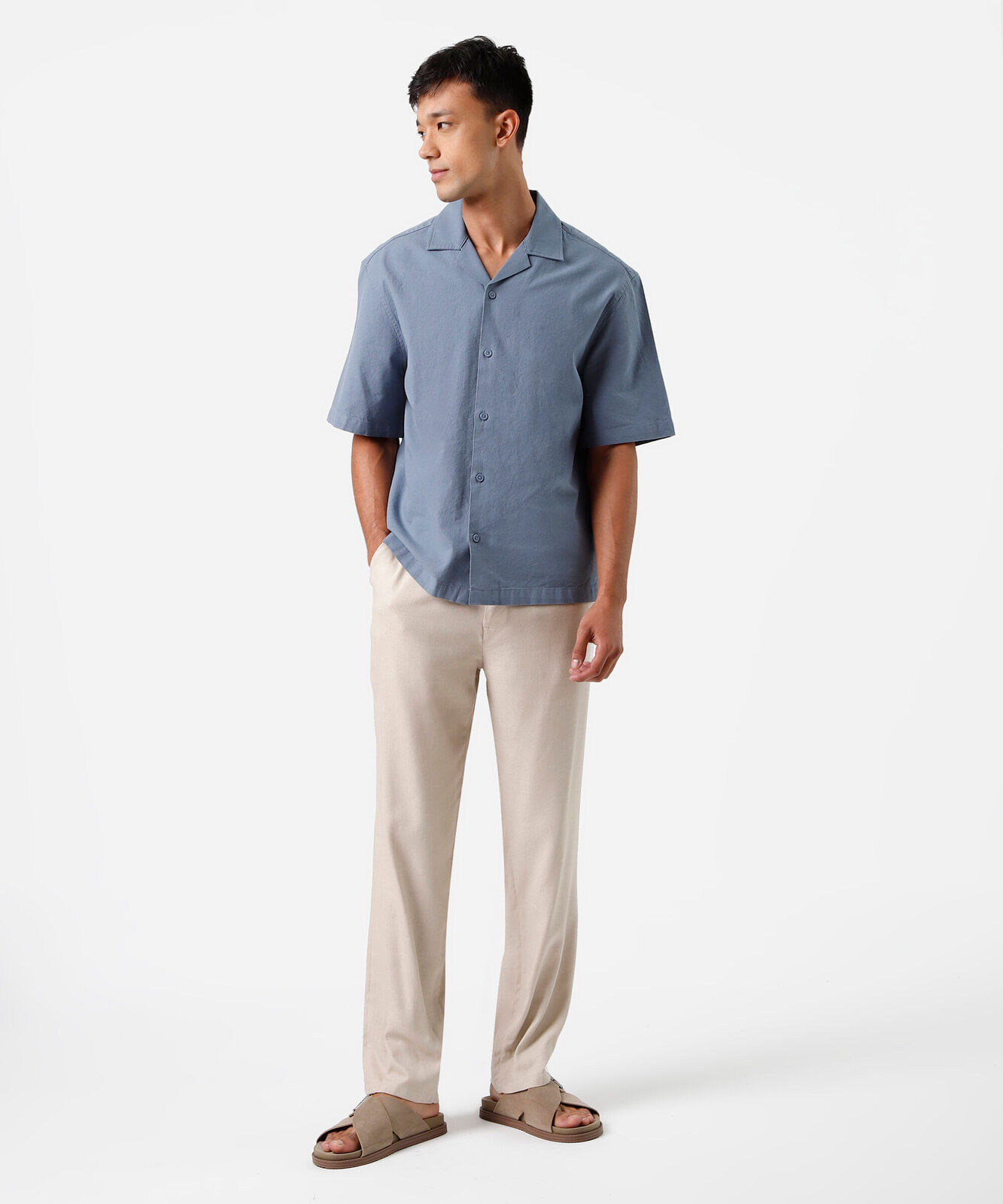 camisa masculina de algodão com mangas curtas azul