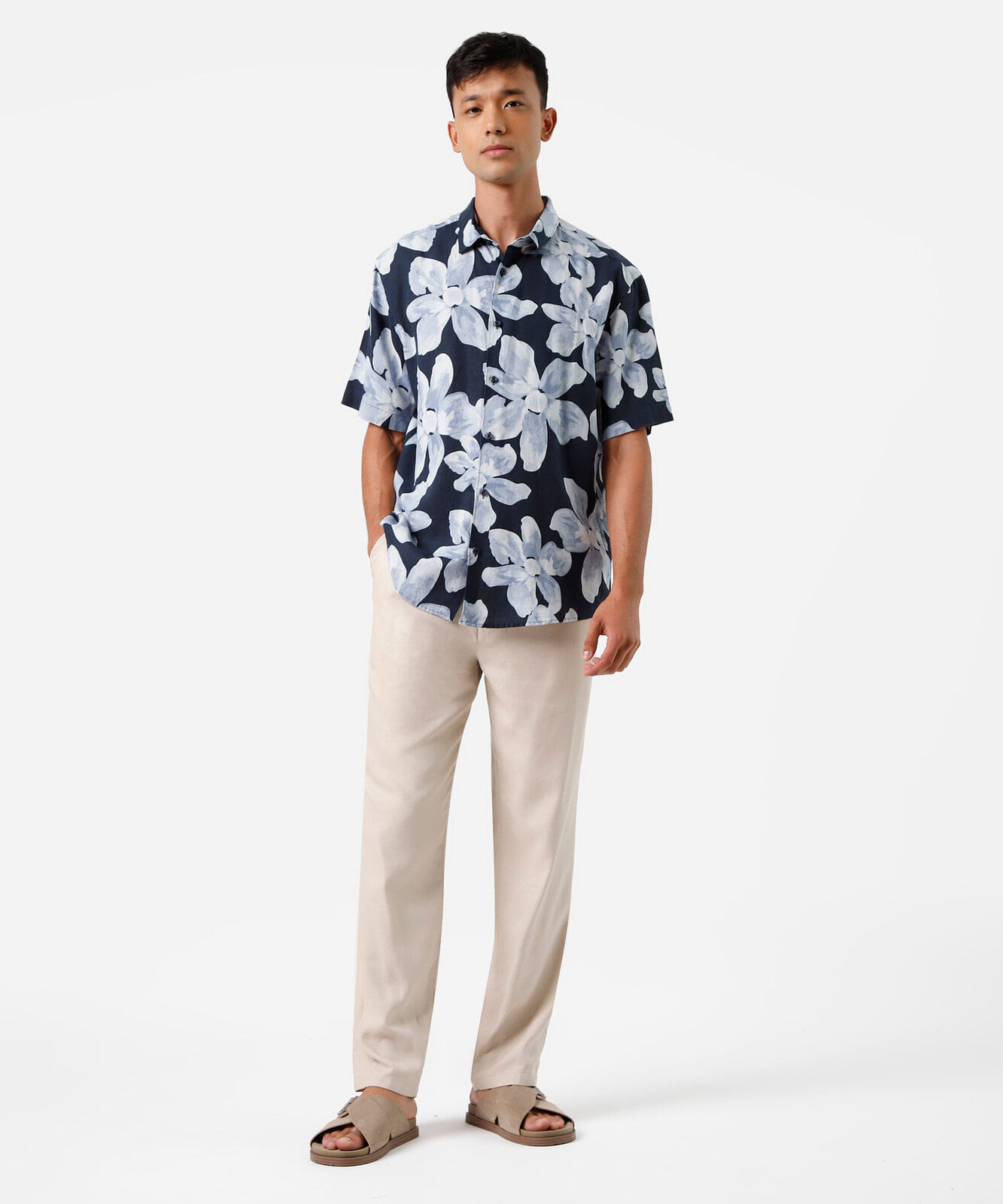 camisa masculina com linho manga curta floral azul