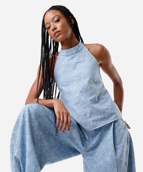 blusa feminina frente única jeans floral azul