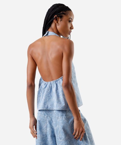 blusa feminina frente única jeans floral azul