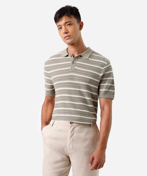 polo masculina de tricot manga curta listrada verde